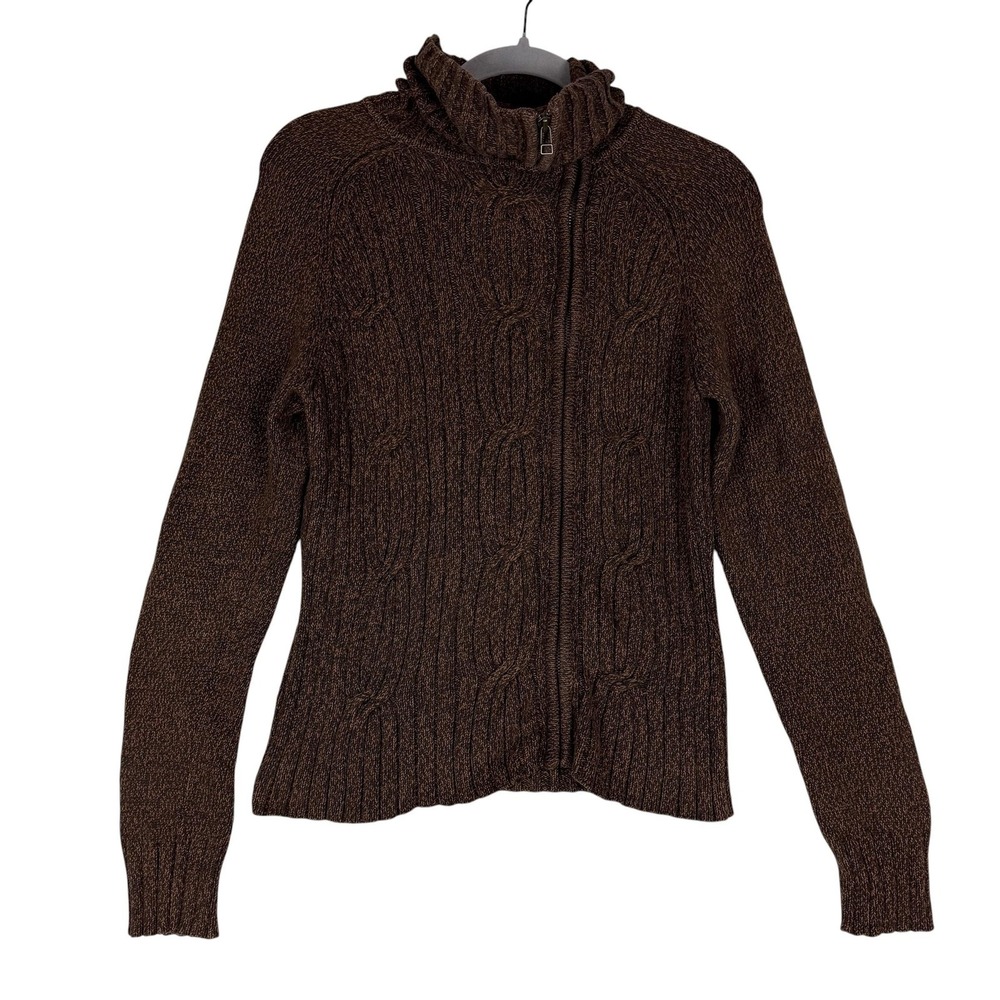 Valerie Stevens Sweater Womens Small Brown Full Zip Mock Neck Cable Knit